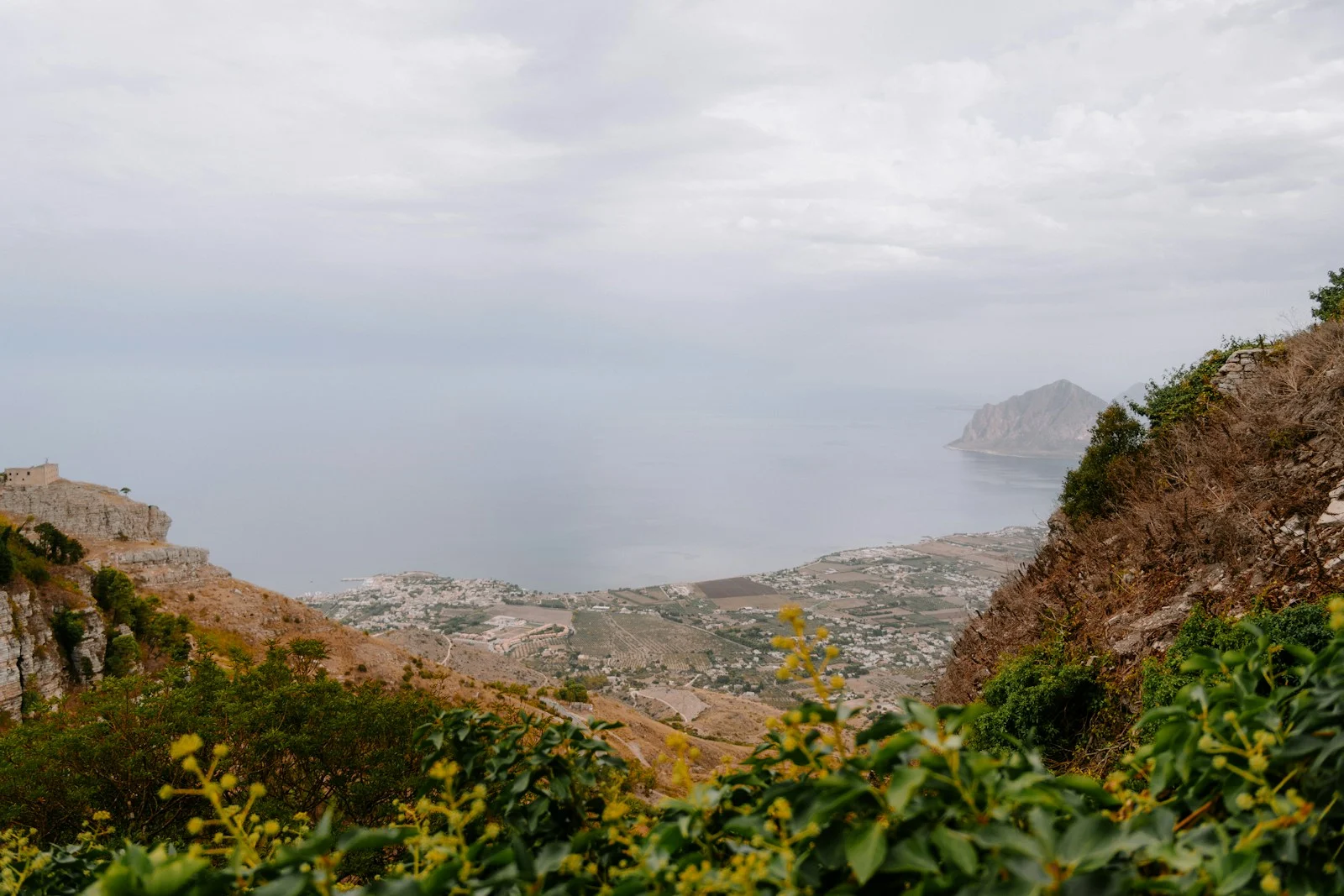 Coastal town seen from a mountain overlook