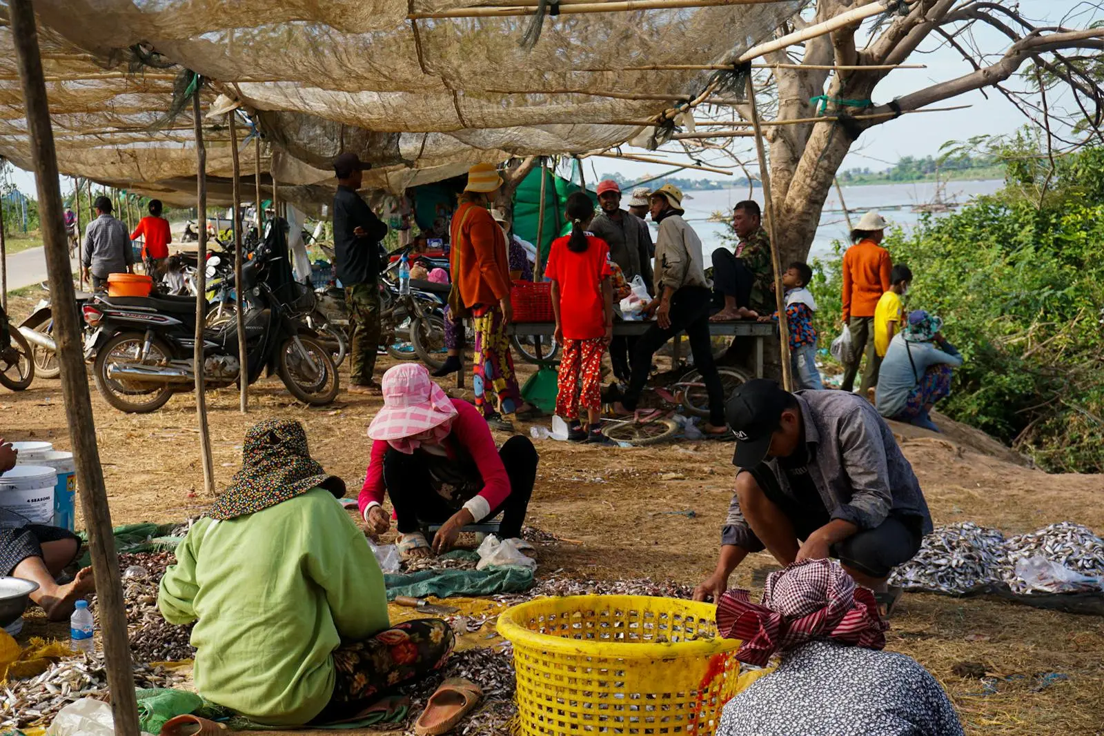 Local vendors at a rural market in Kandal Province, Cambodia, showcasing traditional commerce.