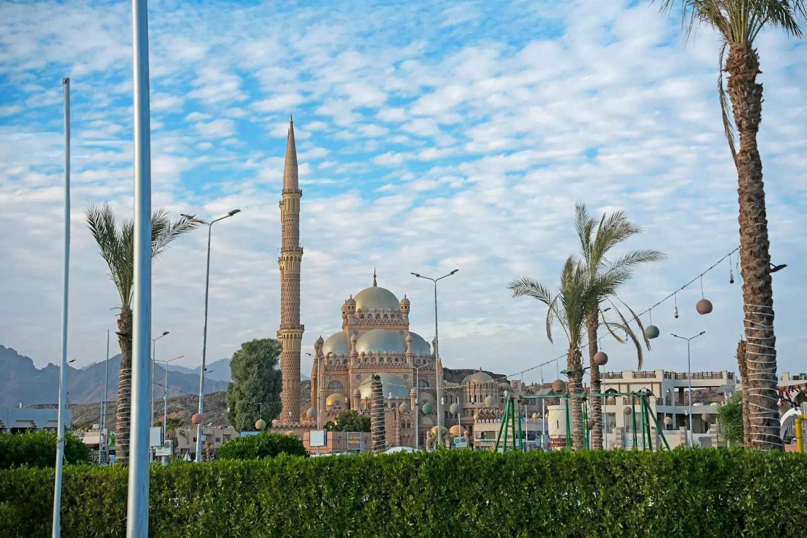 A view of a mosque in the middle of palm trees