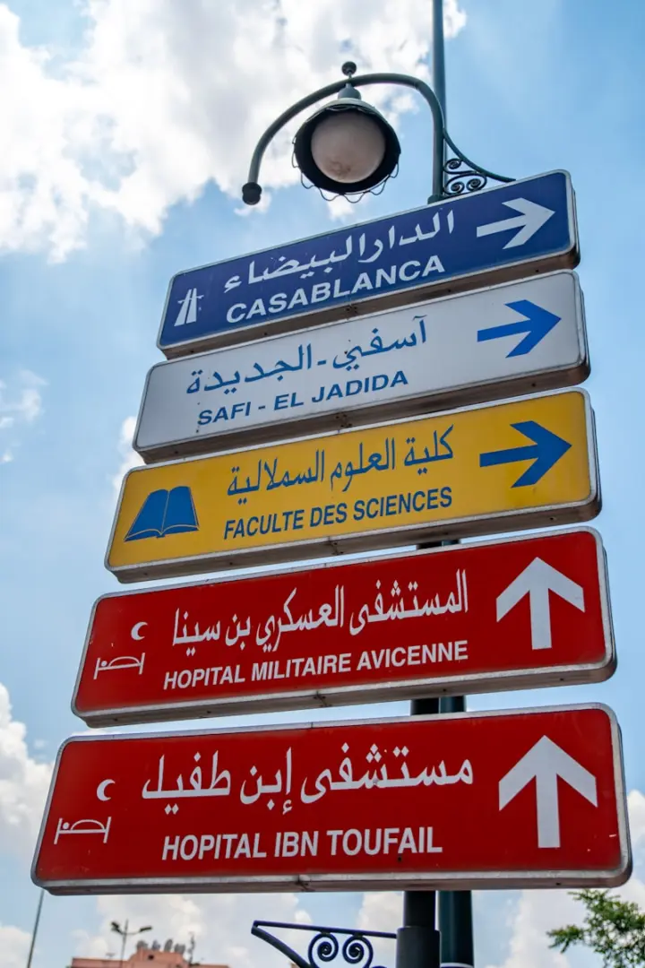 Street signs pointing to different moroccan cities and institutions.