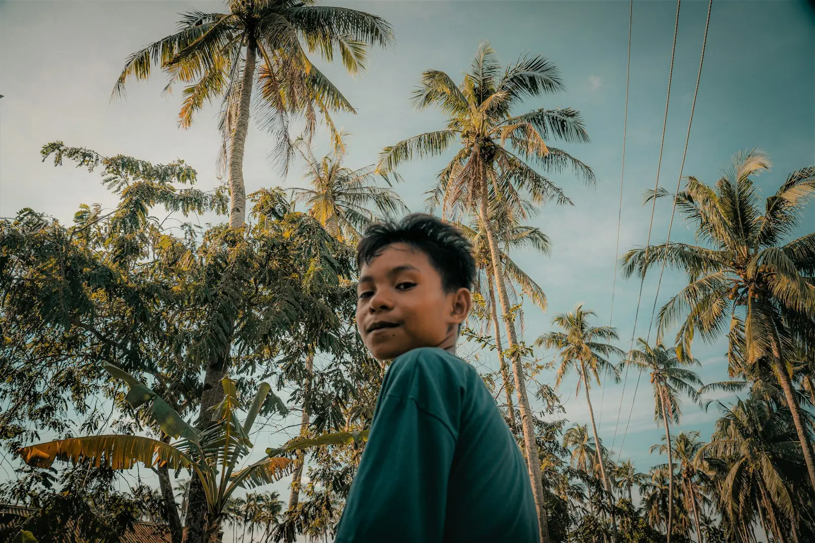 Photo by Matthew Stephenson Young boy smiles under tropical palm trees.