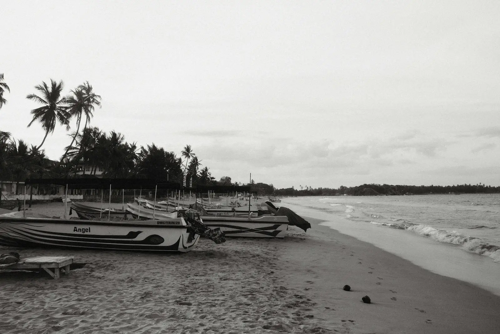 A black and white photo of boats on a beach