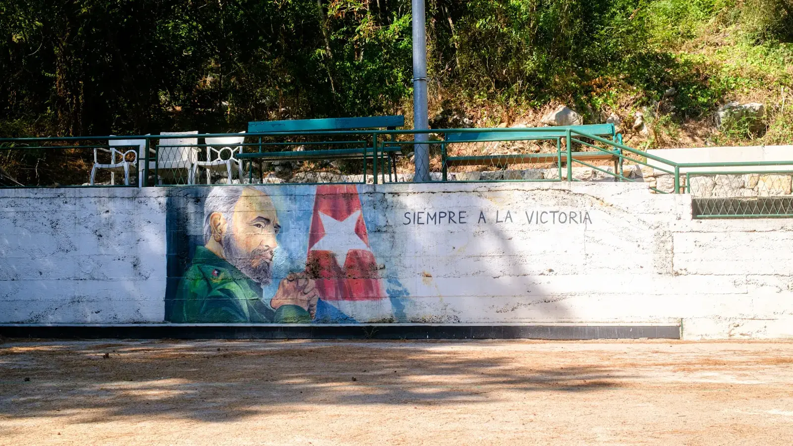 Mural of fidel castro and cuban flag on wall