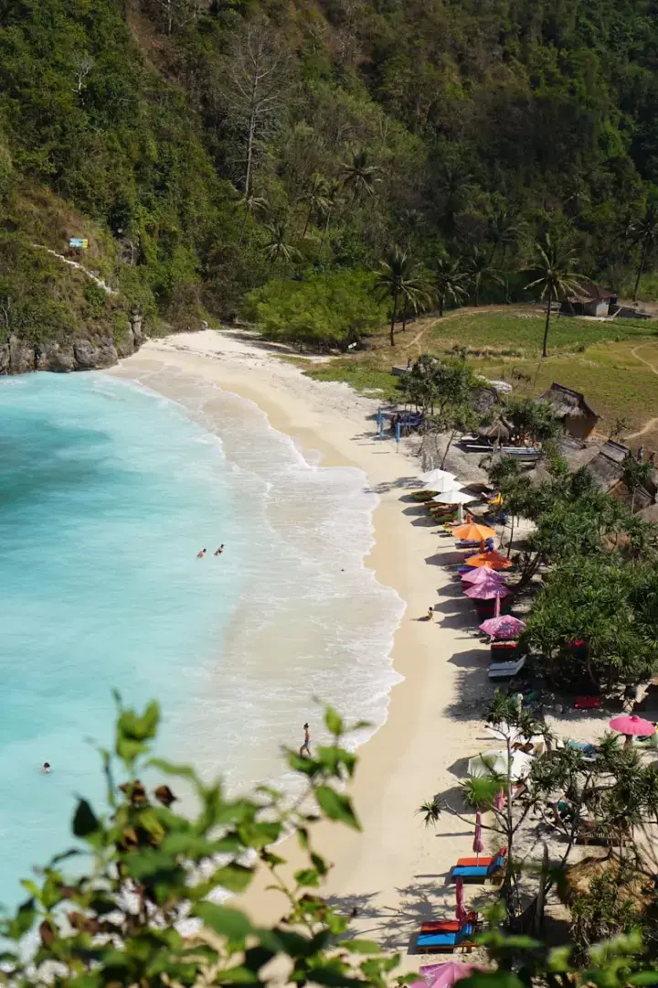 a beach with a lot of umbrellas next to the ocean