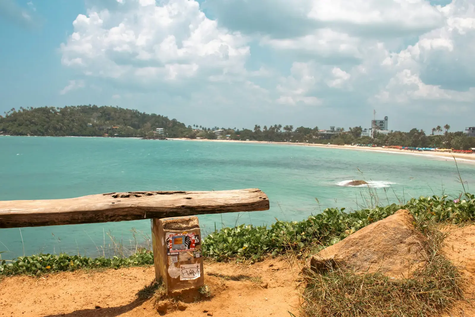 Wooden bench overlooks a tropical bay with distant buildings.