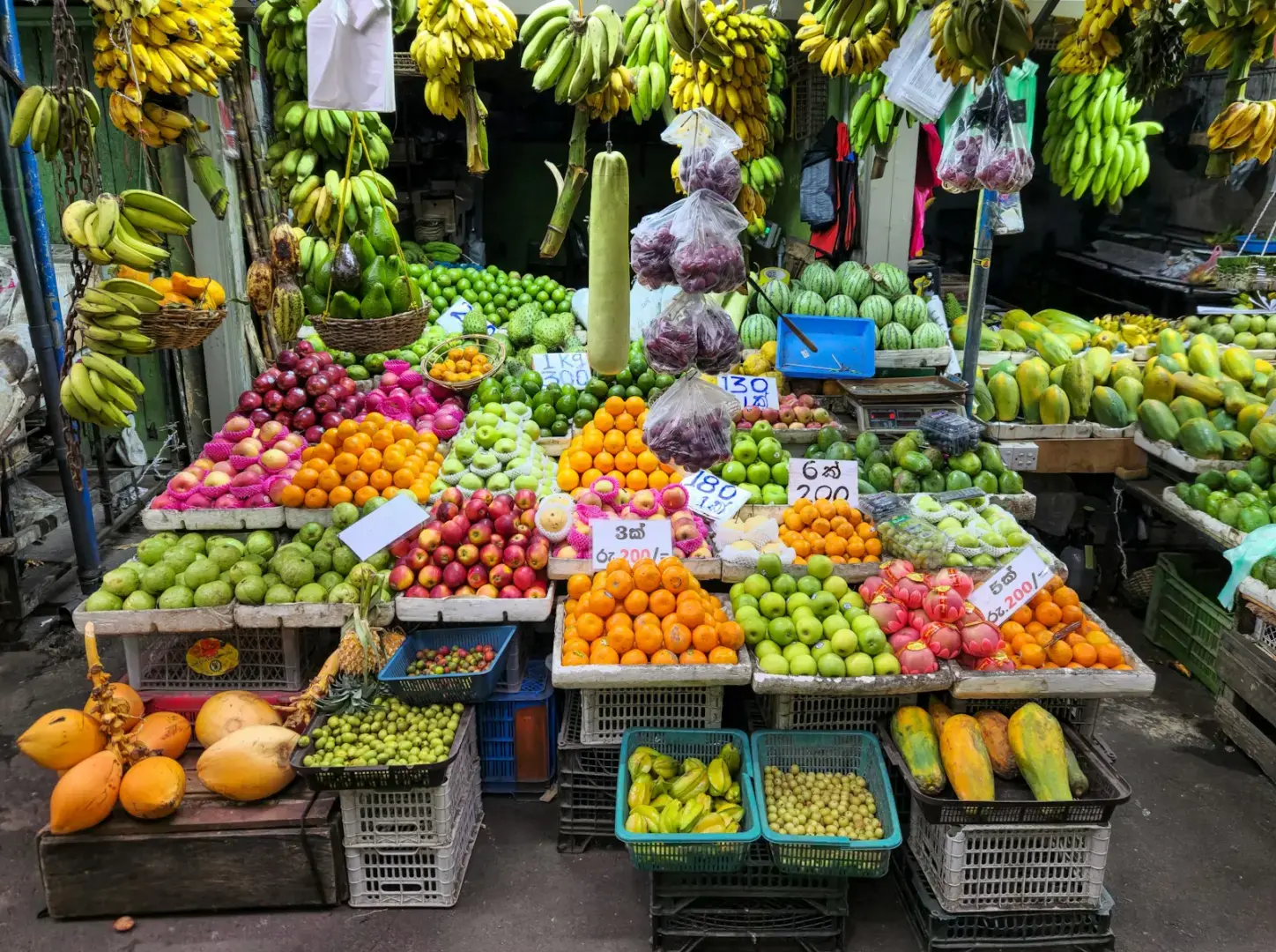 A colorful display of fresh fruits at a market.