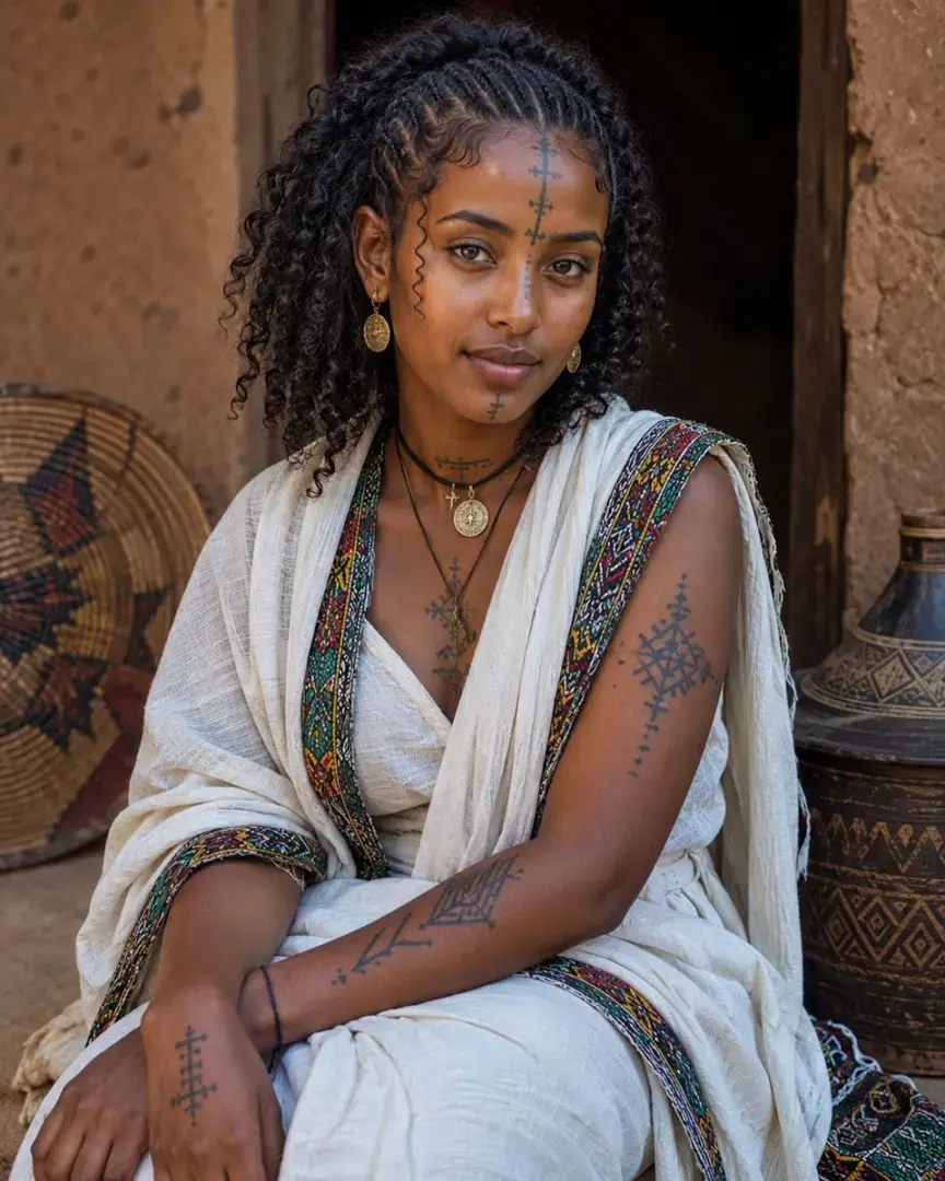 Young woman with traditional clothing and tattoos.