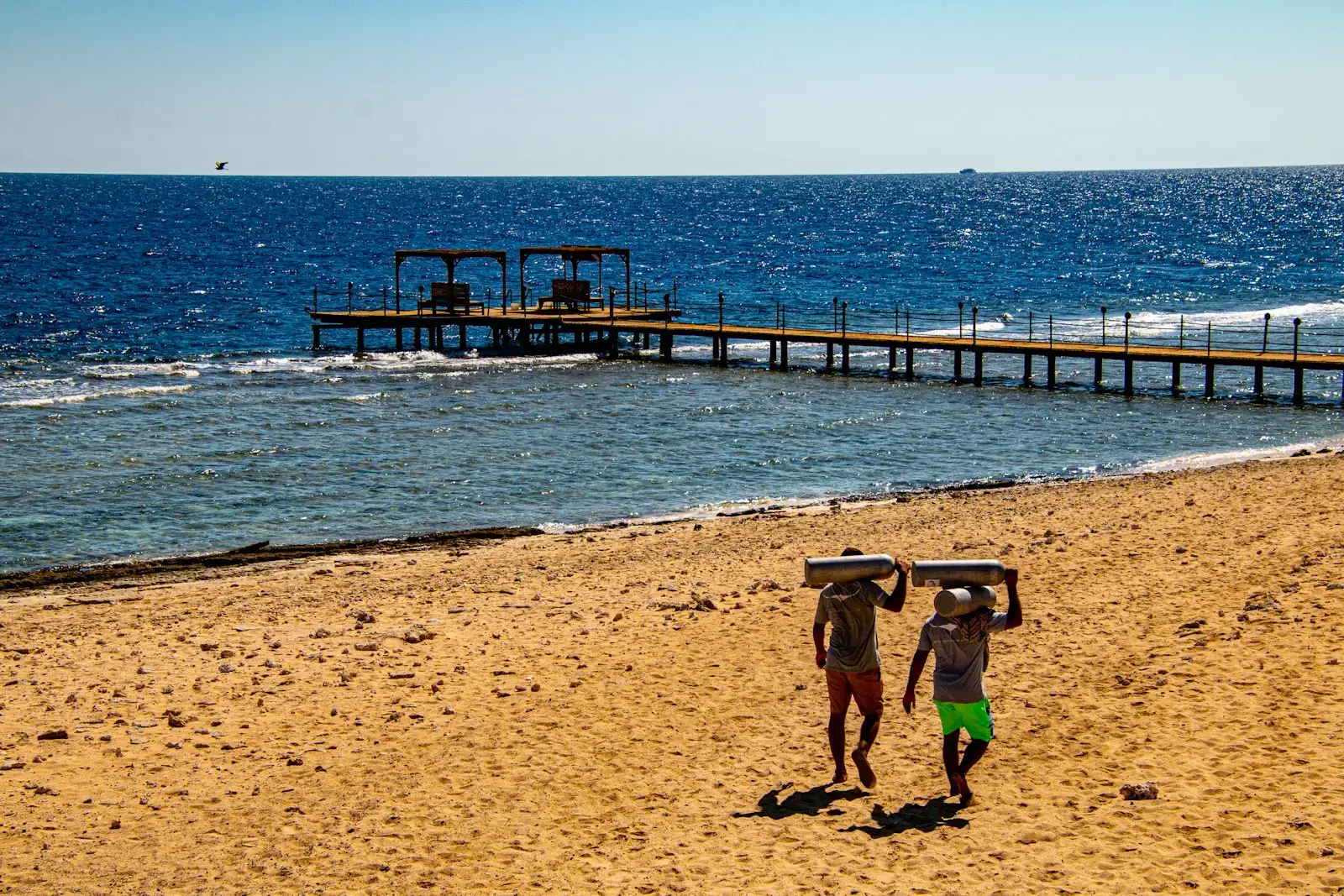 A couple of people walking across a sandy beach