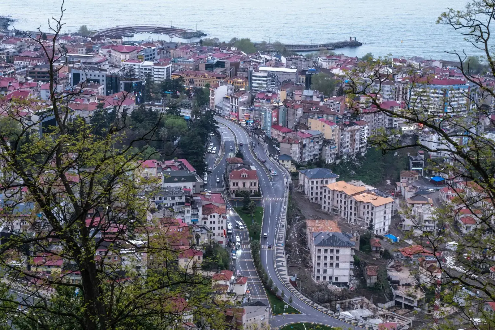 Photo by hafsa kalkan Breathtaking aerial view of a coastal city with winding roads, framed by trees at dusk.