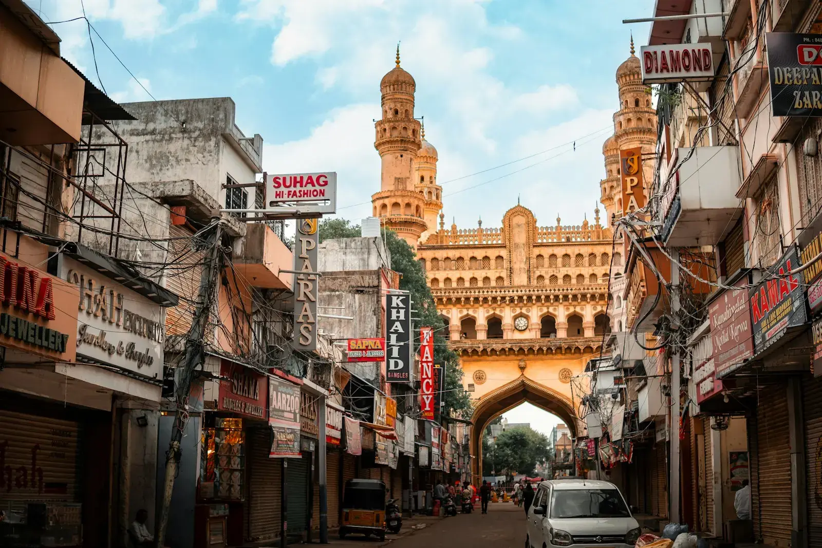 Street view of charminar, a historic landmark.