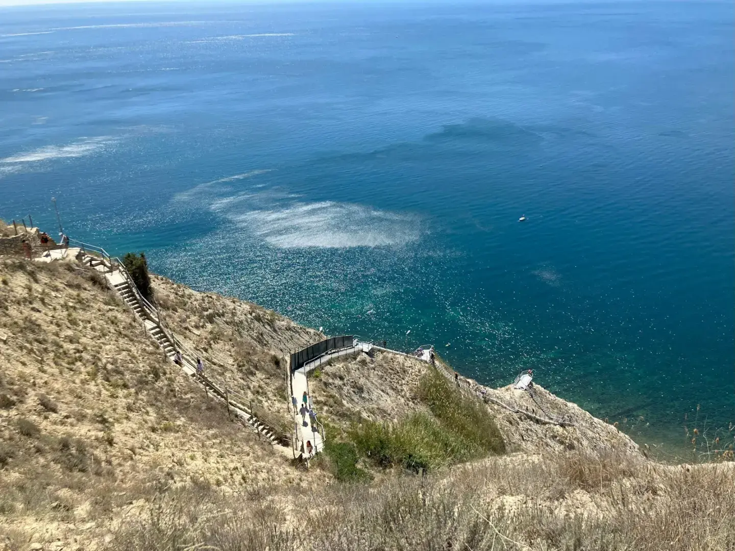 a view of the ocean from the top of a hill