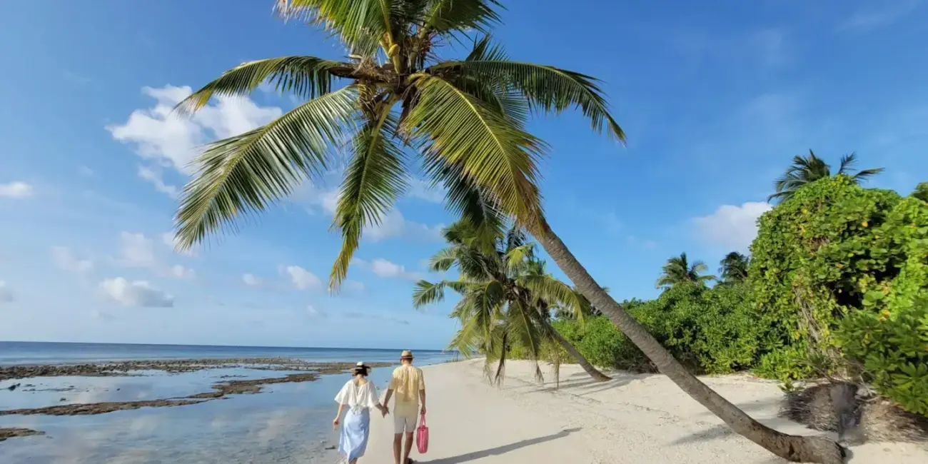 Couple walking on a tropical beach with palm trees