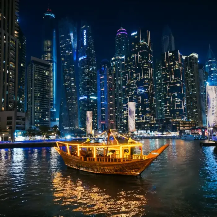 A traditional dhow boat sails past illuminated skyscrapers at night.
