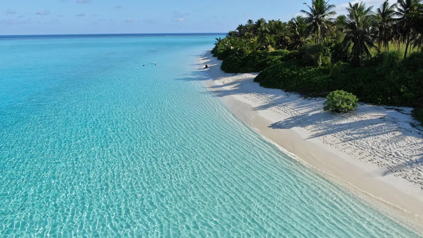 An aerial view of a tropical beach with clear blue water