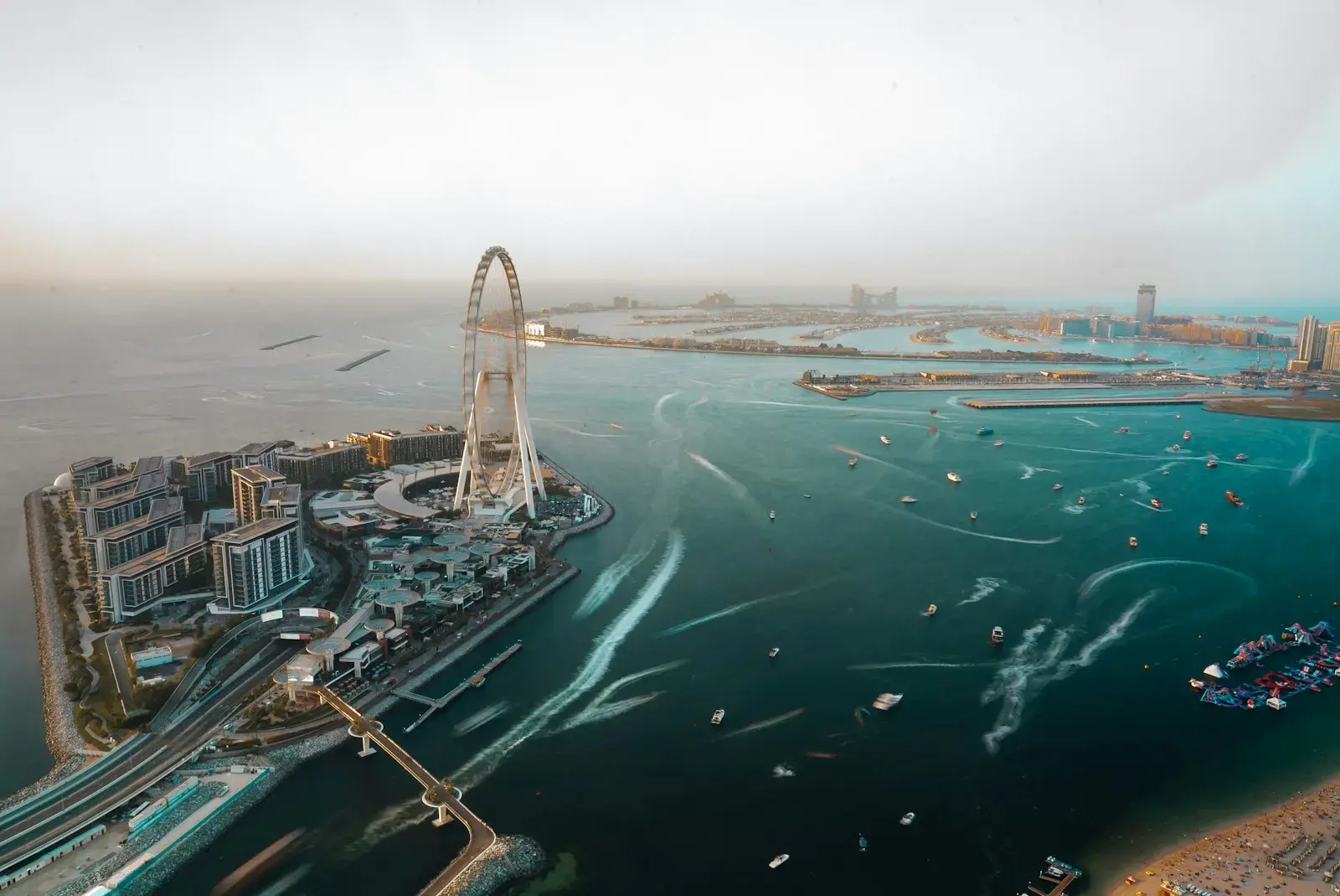 A ferris wheel towers over the water and the city.